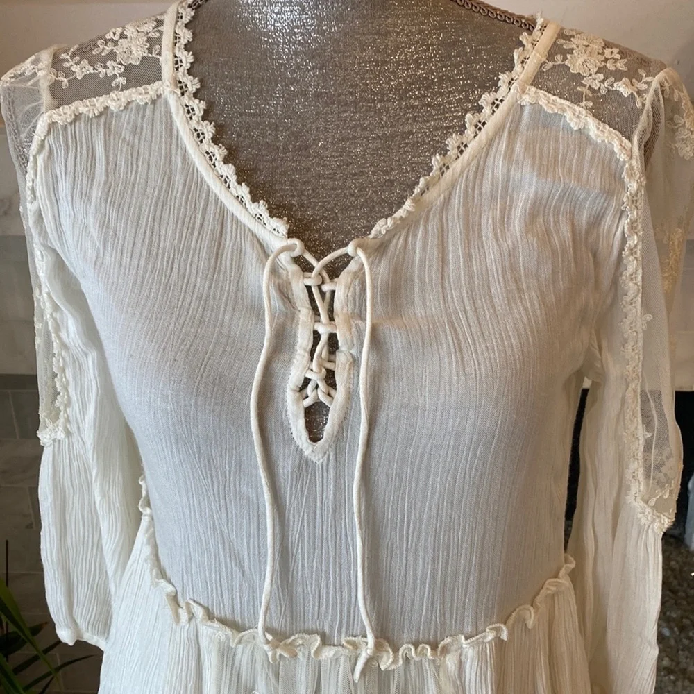 Free People Romance of the Rose Ivory Sheer Lacey Lace-Up Tunic Size XS